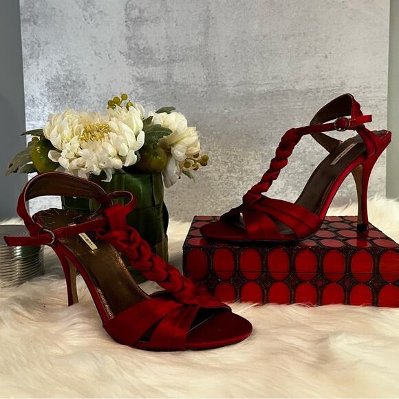 New Max Studio Red Satin Braided  T-Strap High Heeled Sandals Sz 5.5  NWOT - Picture 11 of 11